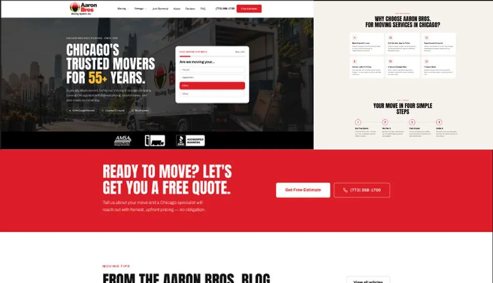 Website design for a Chicago moving company: a red, black and white homepage with a quote form.