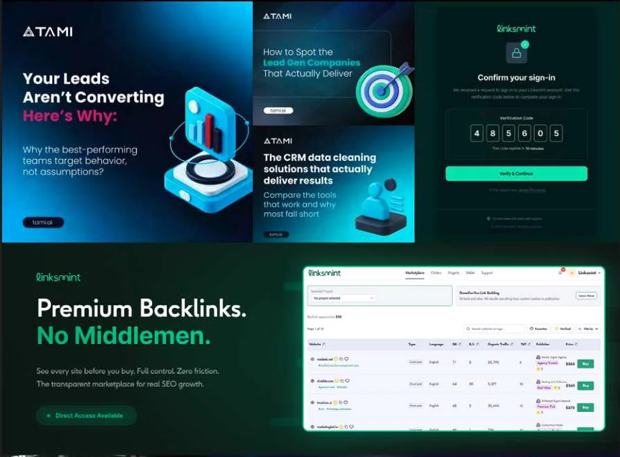 Social media posts for Atami and a sign-in screen for Linksmint, in deep teal and blue.