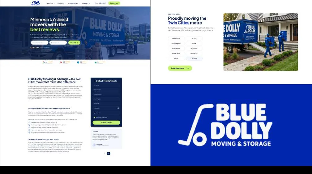 Website design for Blue Dolly Moving & Storage: a blue homepage with a quote form, the logo and a team photo.