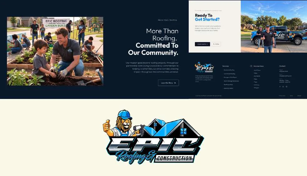 Website design for Epic Roofing & Construction: a navy homepage with community photos and the company logo.