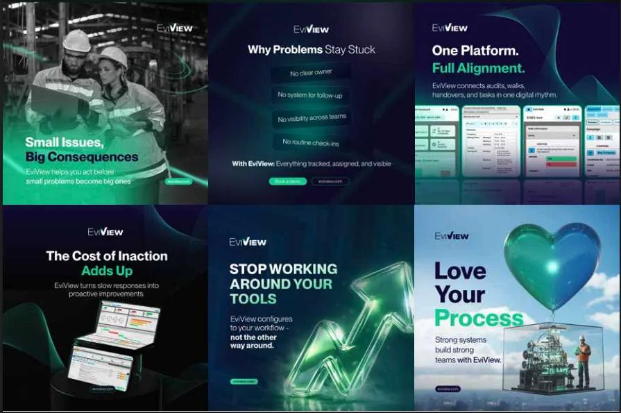 Six social media posts for EviView about workflows and accountability, in dark teal.