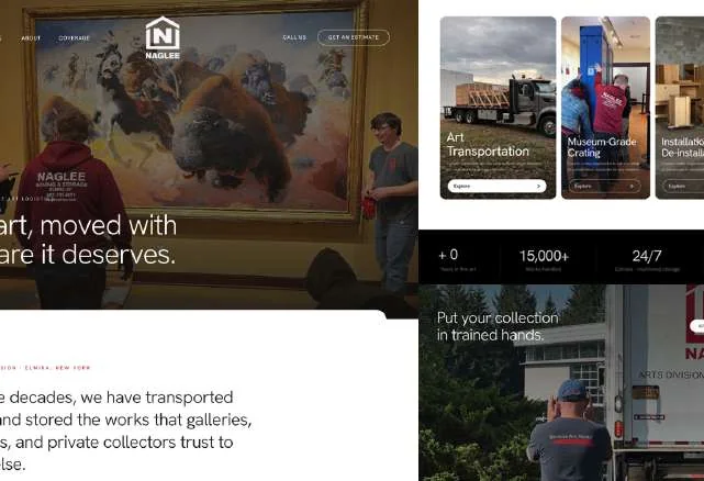 Website design for an art transport company: a hero over a painting, service cards and key figures.
