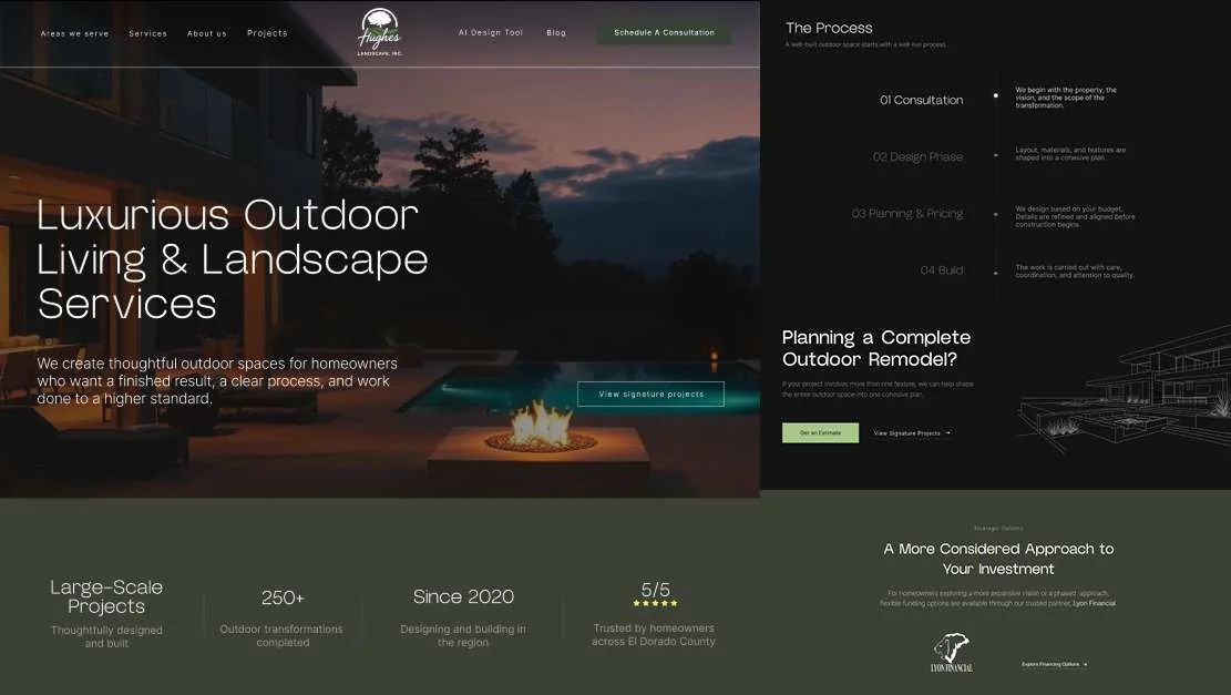 Website design for a landscaping company: an outdoor living scene at dusk, a four-step process and key figures.