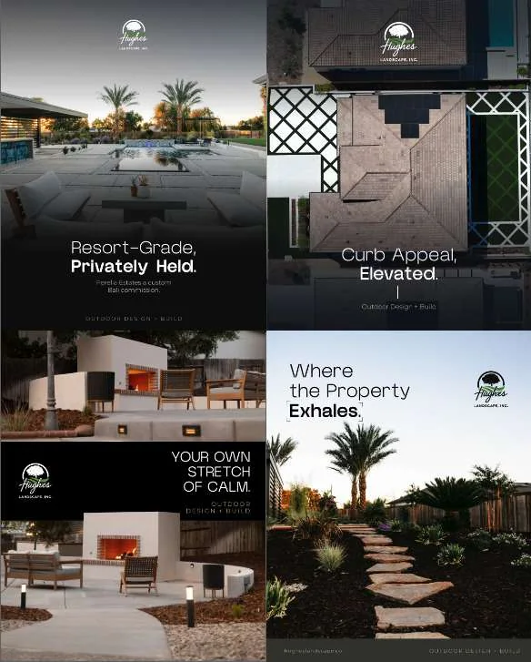 Four social media posts for Hughes Landscape with outdoor design photography.
