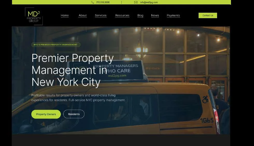 Website design for MD2 Property Group: a dark homepage with the headline 'Premier Property Management in New York City'.