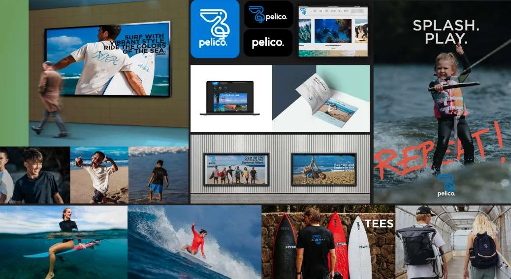 Pelico brand in use: logo tiles, a billboard, laptop and brochure mockups, and aqua sports photography.