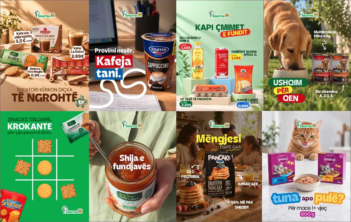Eight social media posts for Ronatyra: green grocery promotions with product photos and Albanian headlines.