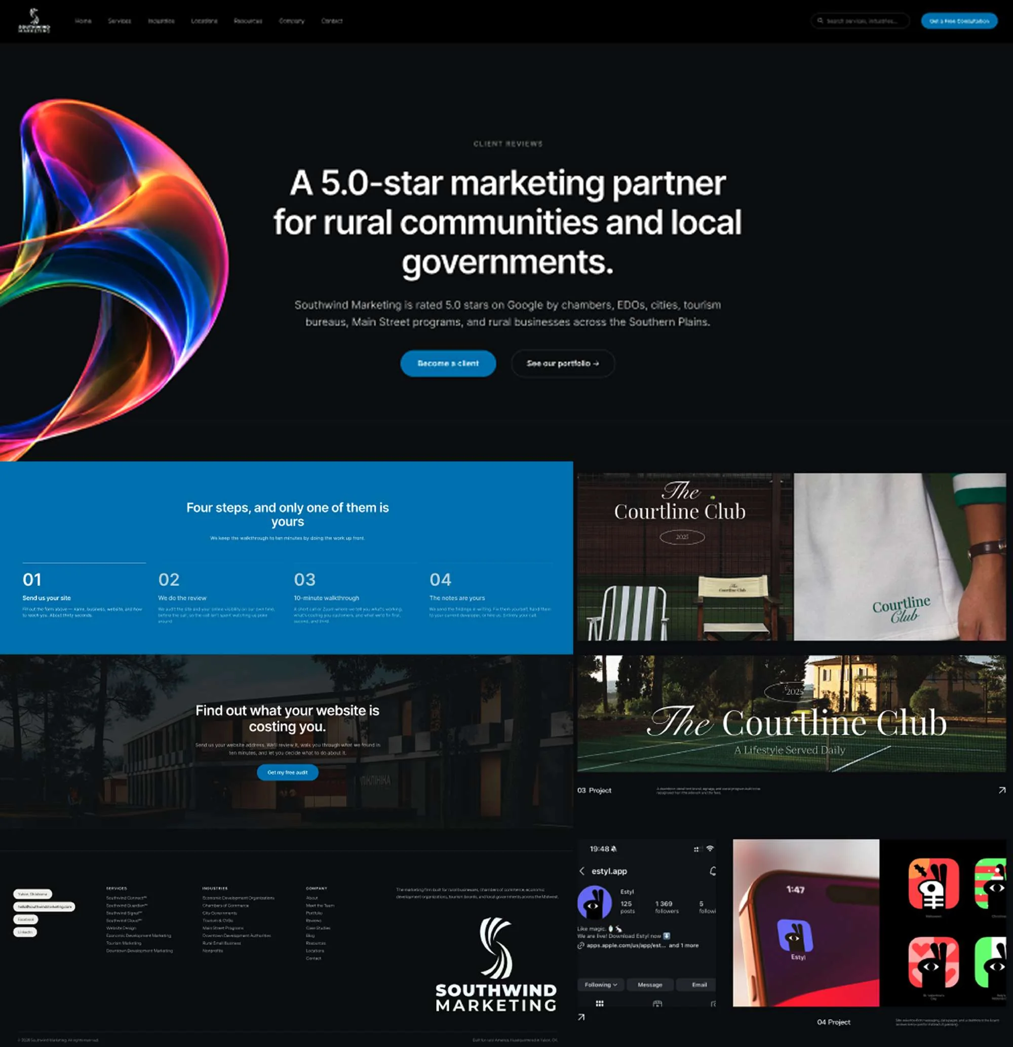 Website design: a dark homepage with a glass ribbon and the headline 'A 5.0-star marketing partner for rural communities and local governments', with brand and app screens below.