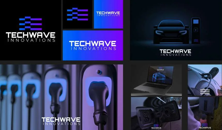 TechWave Innovations brand identity: a wave mark made of charging bars, signage, app screens and charger photography.