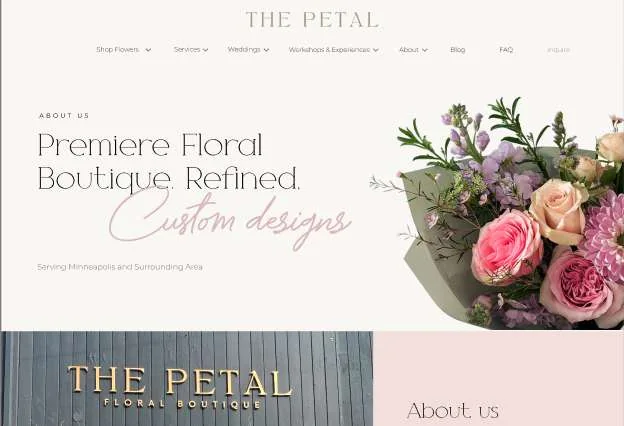 Website design for a floral boutique: a soft cream homepage with a bouquet of roses and script lettering.