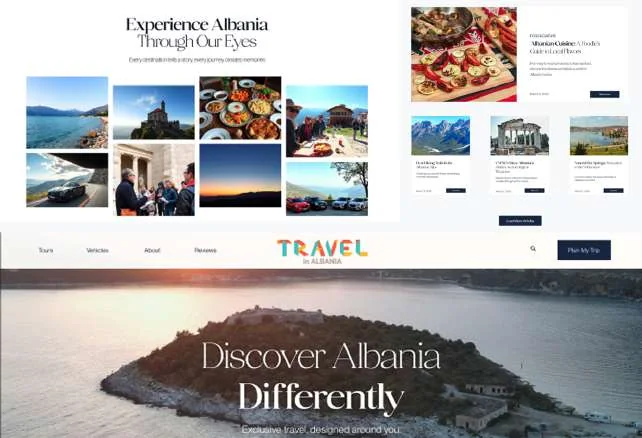 Website design for a travel company: a collage of landscapes and food, and a coastal hero reading 'Discover Albania Differently'.