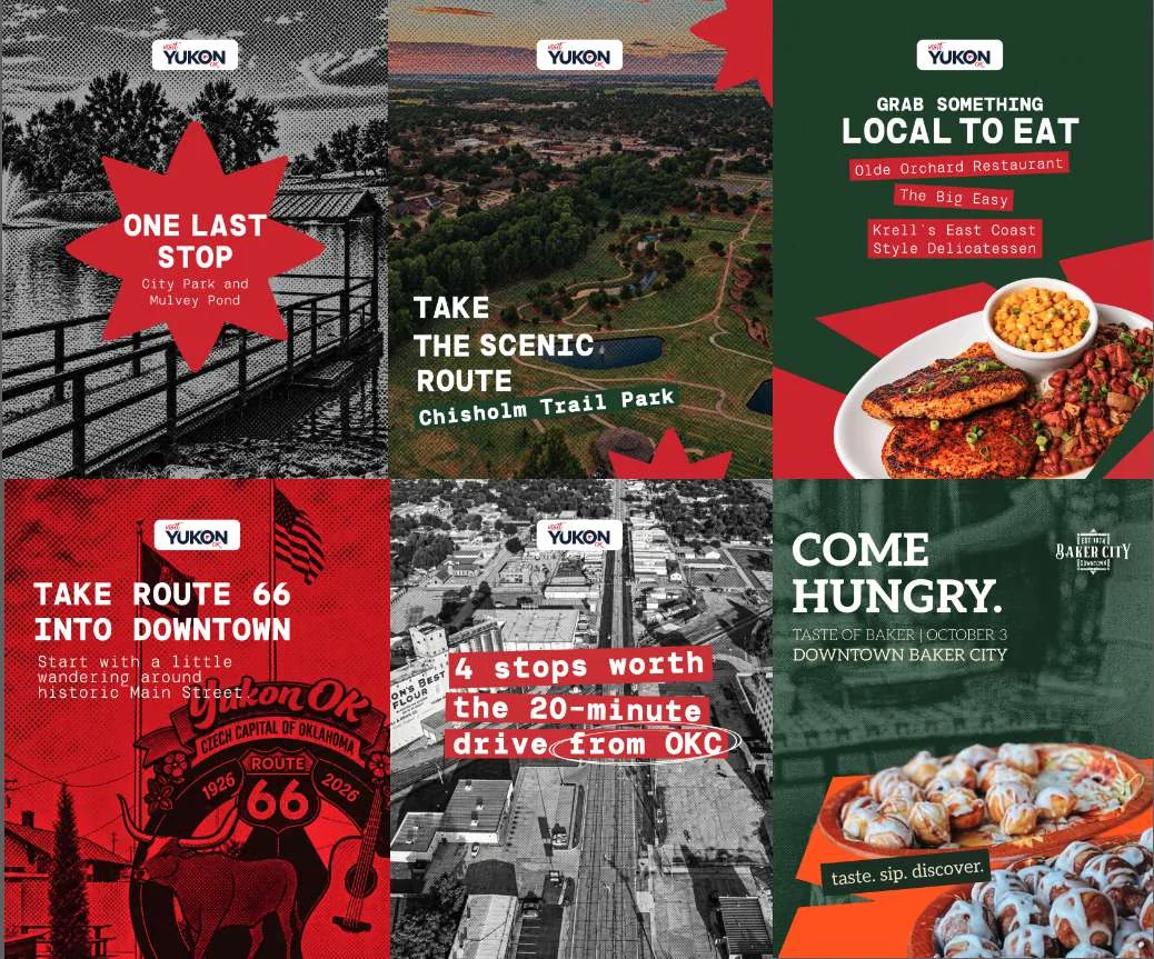Six tourism posts for Visit Yukon in red, green and halftone black and white.